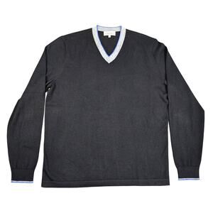 NEIMAN MARCUS SUPERFINE CASHMERE V-NECK SWEATER – MEN’S LARGE – BLACK/GRAY/BLUE